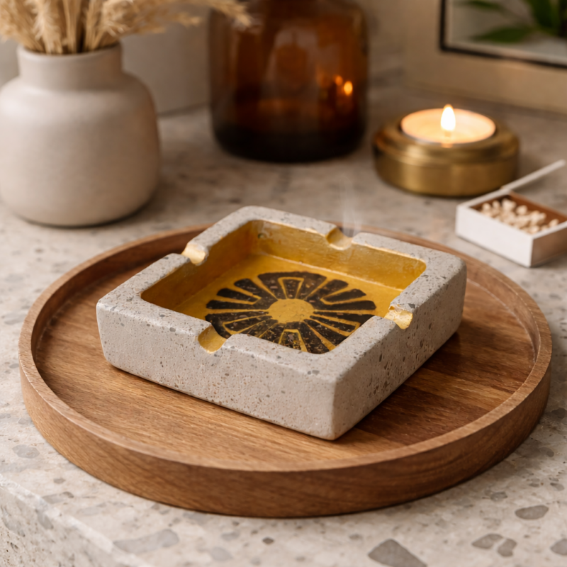 Handmade concrete ashtray Orvyn with gold interior design 9x9x3 cm minimal decorative ashtray