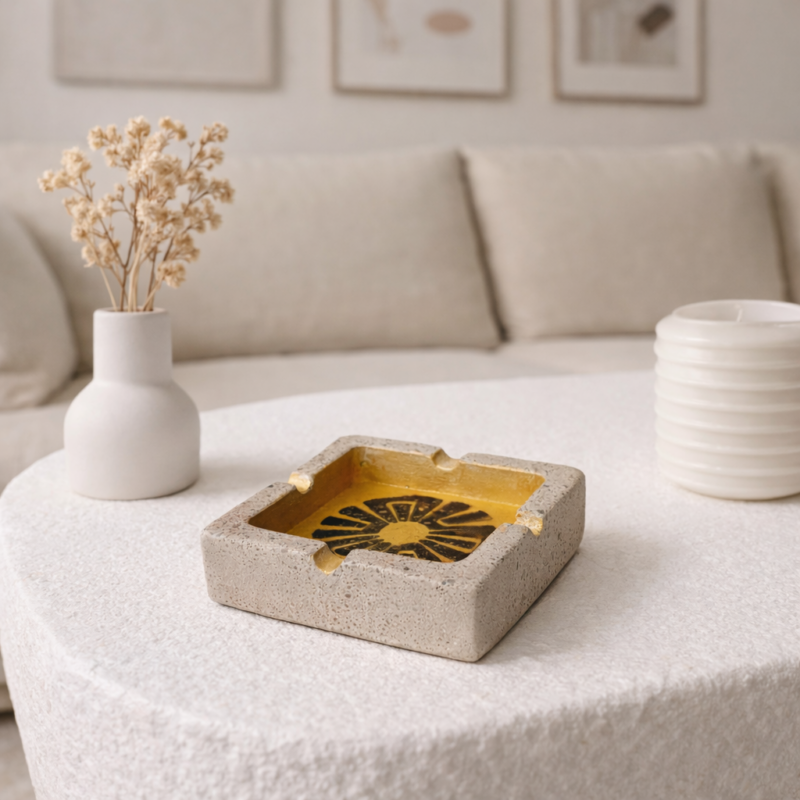 Handmade concrete ashtray Orvyn with gold interior design 9x9x3 cm minimal decorative ashtray