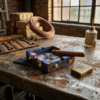 Χειροποίητο διακοσμητικό τασάκι Posacenoro από σκυρόδεμα, με γεωμετρικό σχέδιο σε μπλε, μωβ και γκρι αποχρώσεις και χρυσές λεπτομέρειες.