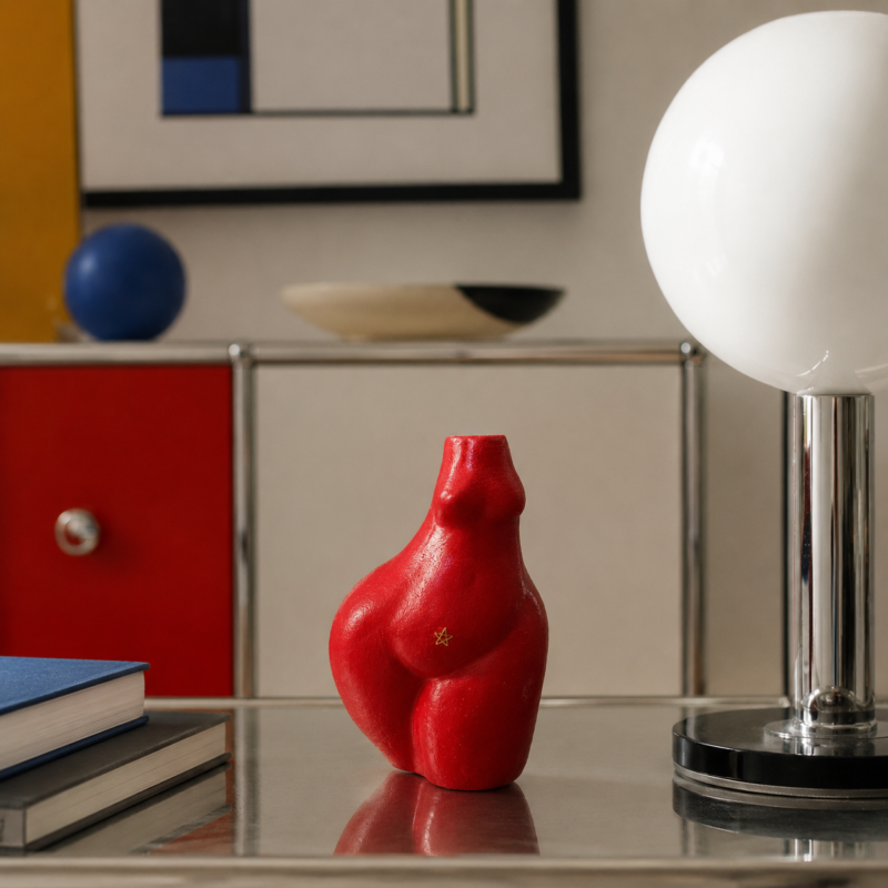 Minimal κόκκινο διακοσμητικό γλυπτό σώματος από σκυρόδεμα, ύψος 13.5cm, βάρος 570g, με χρυσό αστέρι στον αφαλό - Scarlett.
