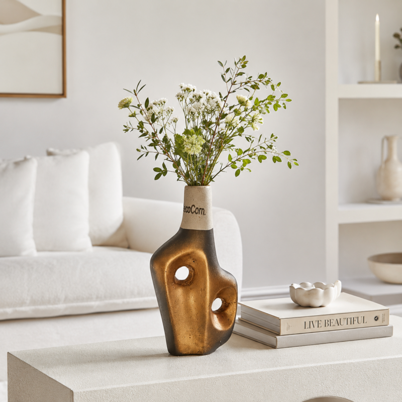 Handmade sculptural vase in bronze black and gold finish with organic openings by DecoCorn