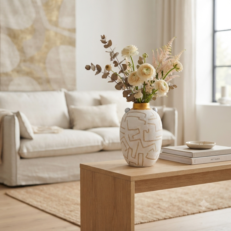 Χειροποίητο λευκό βάζο Gold Crest από microcement με μπεζ γεωμετρικές λεπτομέρειες και χρυσό στόμιο αγιογραφίας