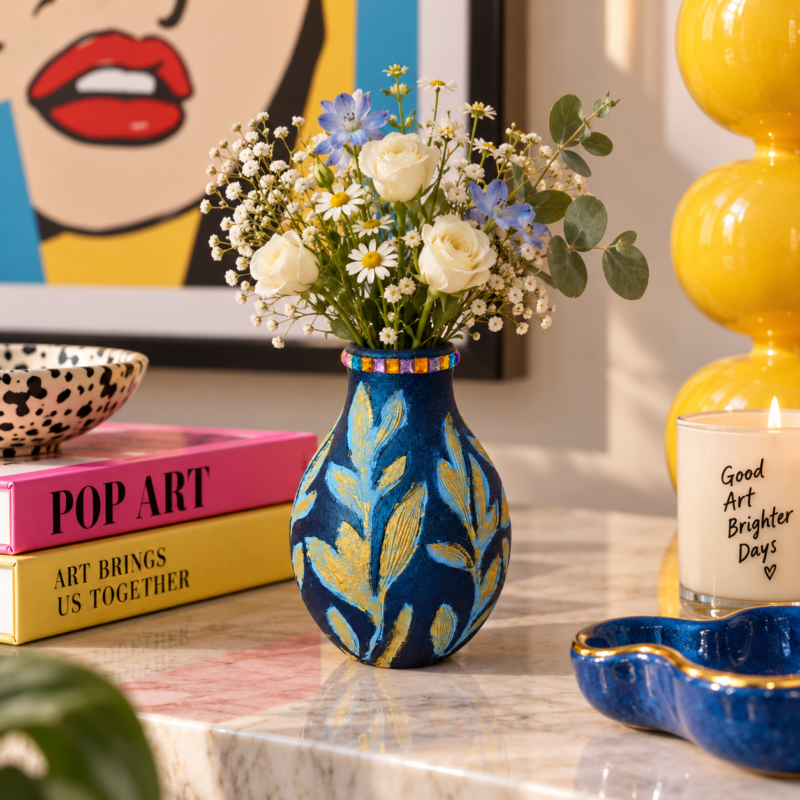 Arcadia μπλε και χρυσό χειροποίητο βάζο σε pop art lifestyle διακόσμηση