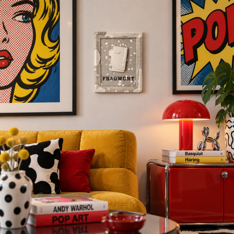FRAGMENT χειροποίητο τσιμεντένιο κάδρο σε pop art σαλόνι