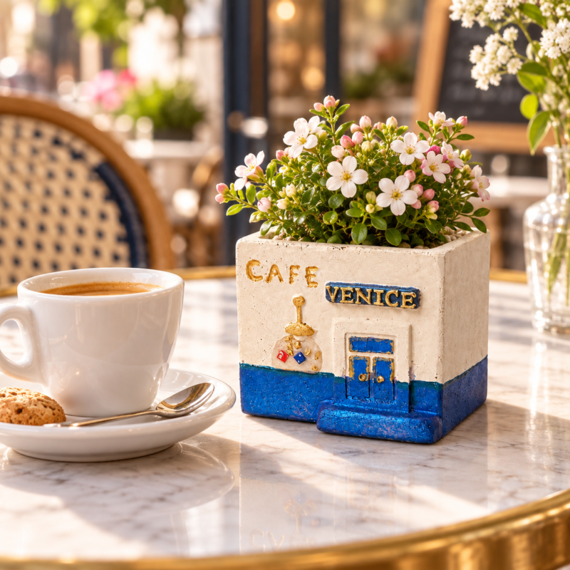 Κασπώ Café Venice με μικρά λευκά και ροζ λουλούδια σε τραπέζι καφέ