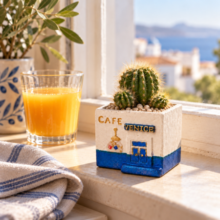 Μικρό κασπώ Café Venice με κάκτο σε φωτεινό περβάζι με θέα τη θάλασσα